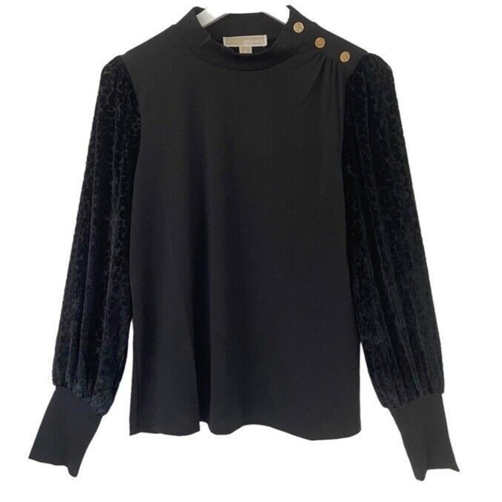 Michael Kors Black Blouse Mock Neckline Leopard Velvet Bubble Sleeves Top Medium